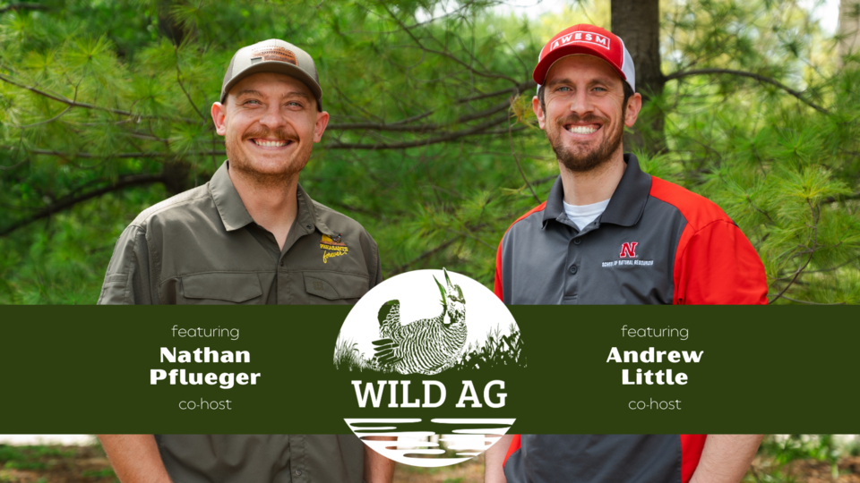 A photo of WildAg co-hosts Nathan Pflueger and Andrew Little with the WildAg logo in the center