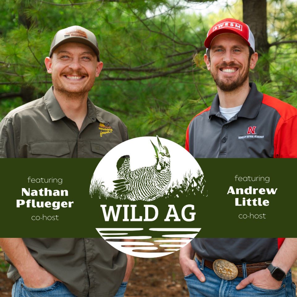 A photo of WildAg podcast co-hosts Nathan Pflueger and Andrew Little with the WildAg logo in the center