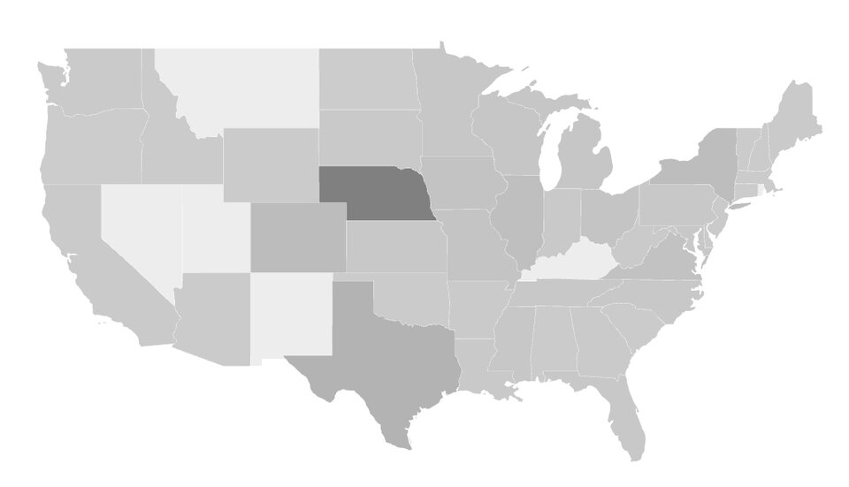 heat map of the United States showing podcast downloads in each state